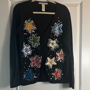 Carly St. Claire Embellished Holiday Cardigan Sweater XL Black Stars Sequins